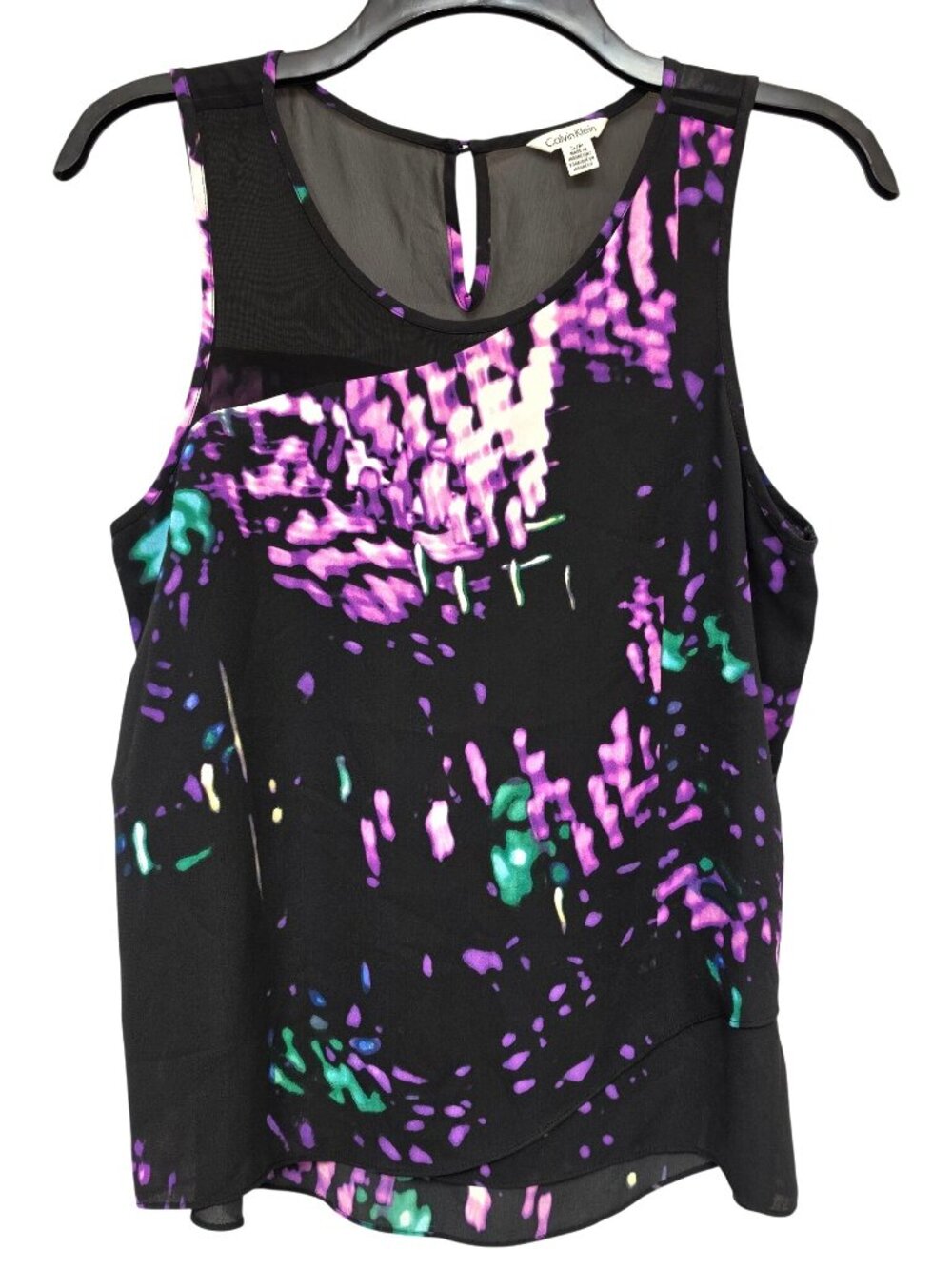 Calvin Klein Abstract Chiffon Blouse Women S Black Purple Sleeveless Mesh Yoke